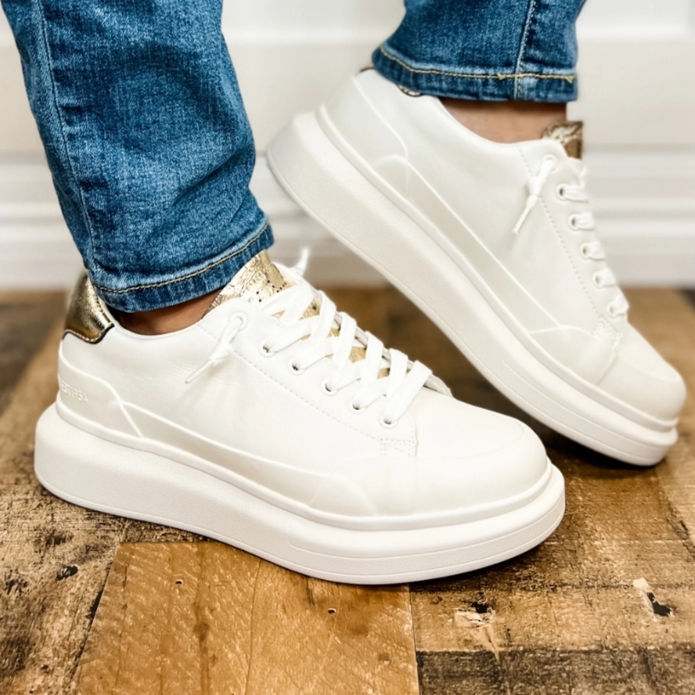 Vintage Havana Angela Gold Tab White Wedged Sneakers